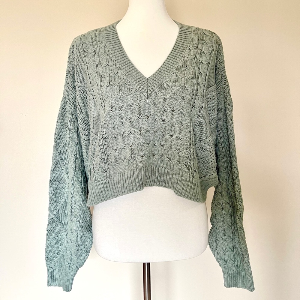BP V-Neck Cropped Cable Knit Sweater - Sage Green